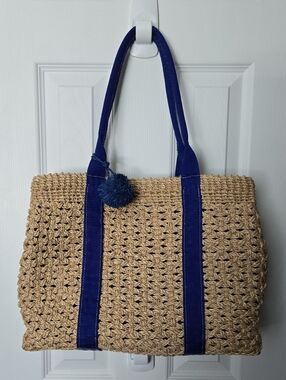 Woven Raffia Tote Straw Tote Bag with Blue Straps and Pom